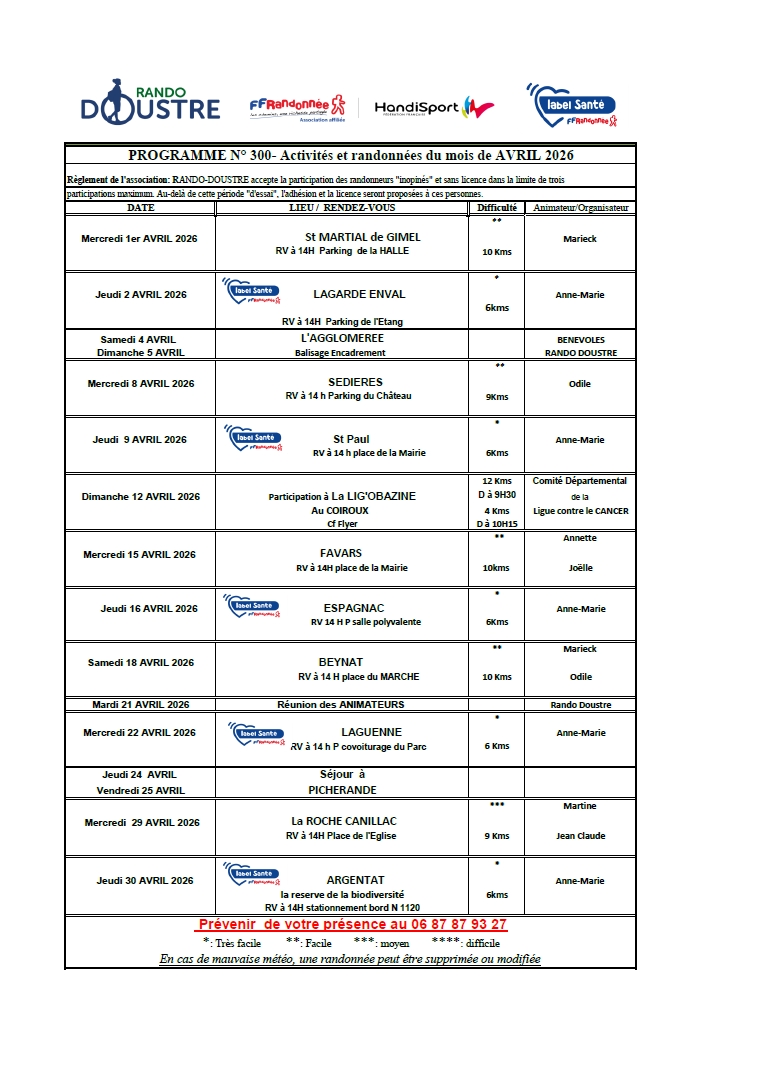 planning club rando doustre